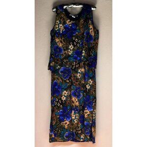 Vintage Stacey Tyler Size 18 Brown Blue Floral Sleeveless Career Midi Dress